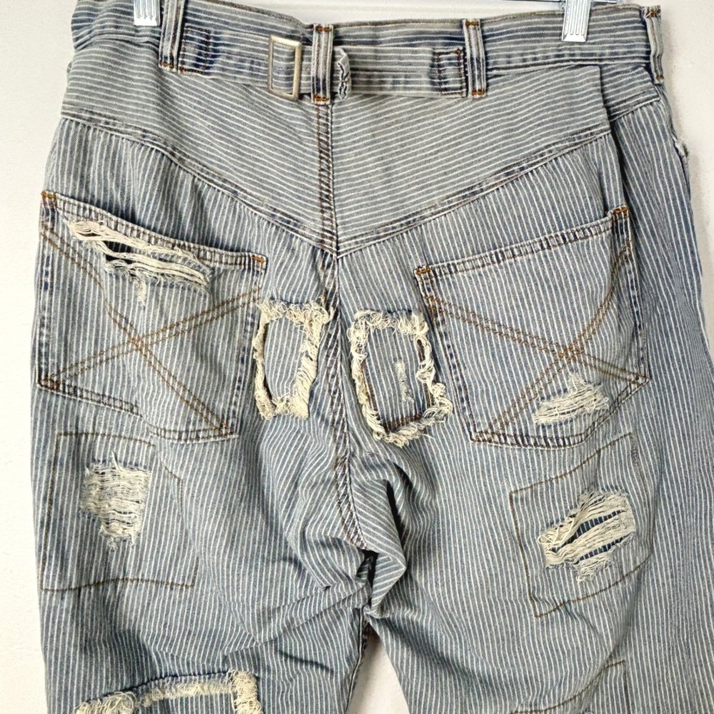 POL Hickory Stripe Distressed Patchwork Wide Leg Relaxed Grunge Denim Pants M - Picture 5 of 11